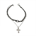 Vintage Alloy Faux Leather Rhinestone Cross Double Layer Necklace For Women view 5