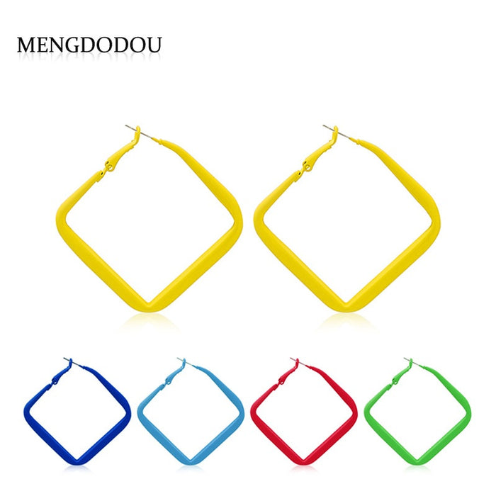 Bohemian Colorful Matte Painted Alloy Square Hoop Earrings For Women Statement Geometric Earrings