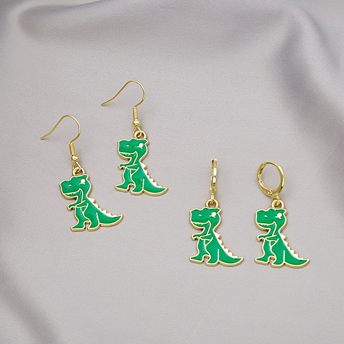 Cute Green Dinosaur Enamel Alloy Drop Hoop Earrings For Women Summer Cartoon Animal Charm Earrings