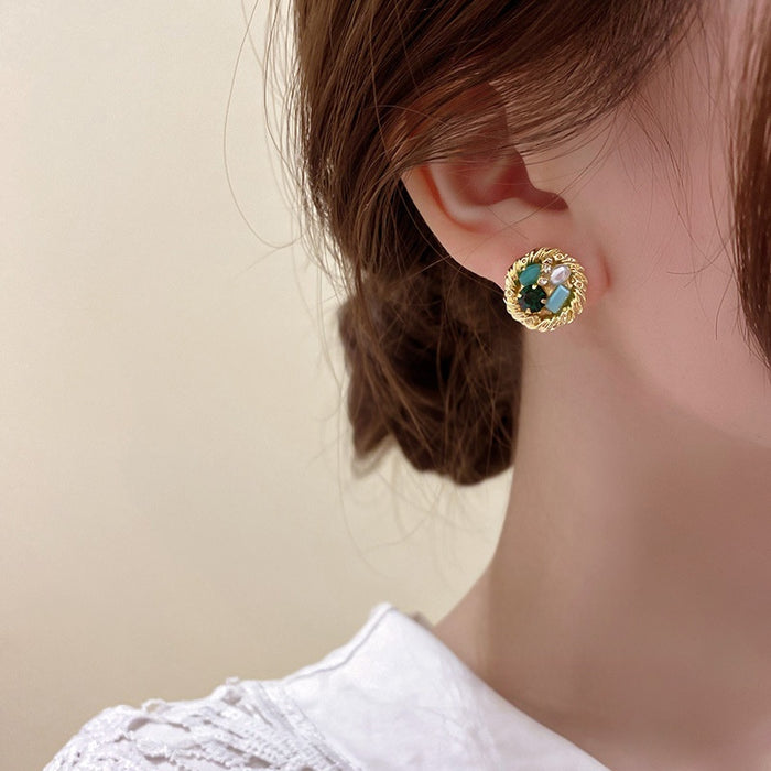 Korean Style Alloy Round Artificial Crystal Stud Earrings For Elegant OL Fashion