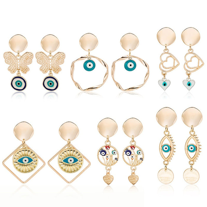 Vintage Evil Eye Alloy Enamel Drop Earrings With Hollow Geometric Heart Butterfly Charms Elegant Stud Earrings