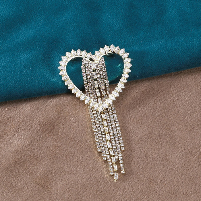 Alloy Rhinestone Heart Tassel Brooch For Women Fashion Clothing