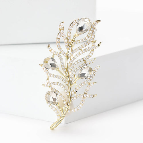 Alloy Pearl Rhinestone Feather Brooch Pin For Women's Apparel