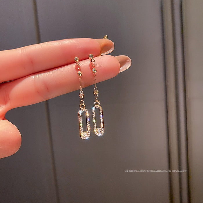 Korean Style Alloy Rhinestone Tassel Geometric Long Drop Earrings For Women