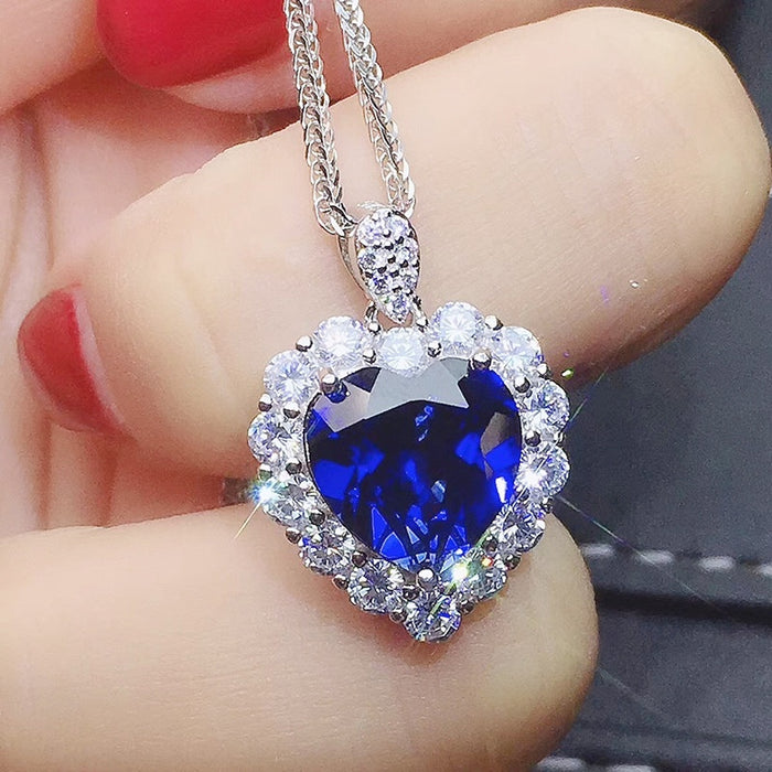 Inlaid Sapphire Blue Heart Shaped Necklace For Women, Fashion OL Style Engagement Pendant