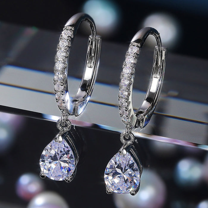 Korean Pear Shape Water Drop Zircon Earrings For Women, Copper Platinum Plated Short Elegant Jewelry