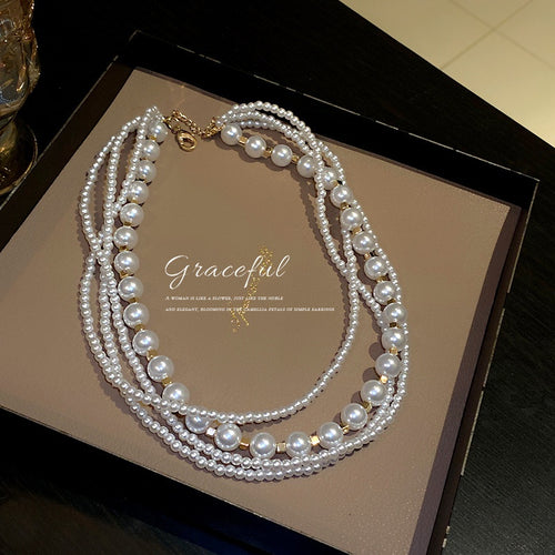 Korean Fashion OL Multi Layer Pearl Necklace Geometric Square Choker Statement Jewelry For Women