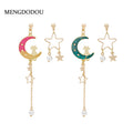 Elegant Asymmetric Enamel Cat Moon Star Pearl Chain Tassel Drop Earrings view 1