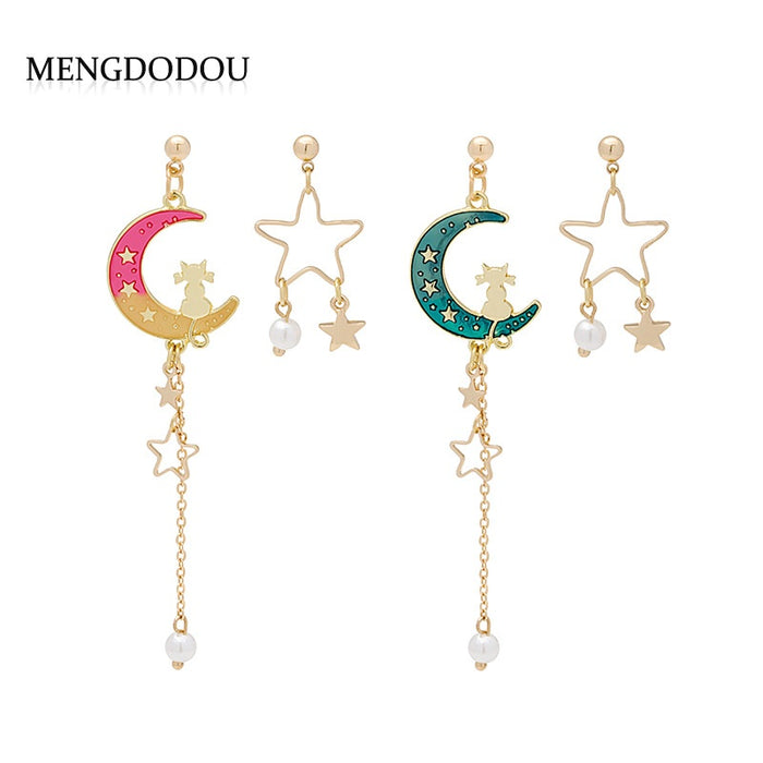 Elegant Asymmetric Enamel Cat Moon Star Pearl Chain Tassel Drop Earrings