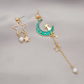 Elegant Asymmetric Enamel Cat Moon Star Pearl Chain Tassel Drop Earrings view 4