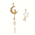 Elegant Asymmetric Enamel Cat Moon Star Pearl Chain Tassel Drop Earrings view 5