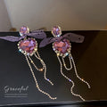 Alloy Crystal Heart Bow Tassel Drop Earrings With Silver Pins, Fashion OL Statement Jewelry view 1