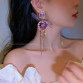 Alloy Crystal Heart Bow Tassel Drop Earrings With Silver Pins, Fashion OL Statement Jewelry view 2