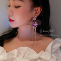 Alloy Crystal Heart Bow Tassel Drop Earrings With Silver Pins, Fashion OL Statement Jewelry view 3