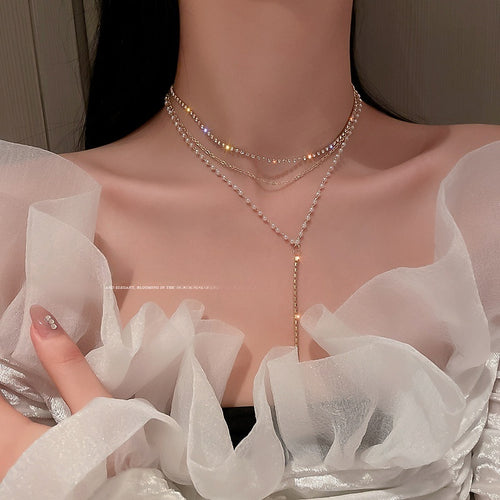 Light Luxury Alloy Multilayer Y Necklace With Rhinestone Pearl Geometric Letter Pendant