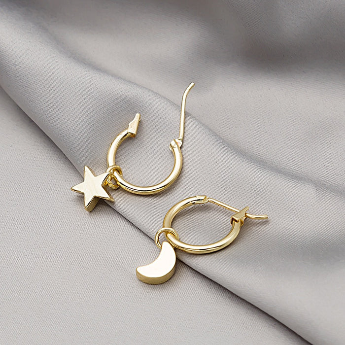 Korean Minimalist Gold Alloy Hoop Earrings With Star And Moon Charms Elegant Small Huggie Earrings