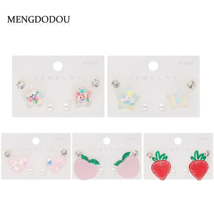 Sweet Candy Color Strawberry Peach Star Heart Acrylic Pearl Rhinestone Stud Set For Women Earrings