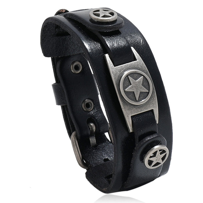 Minimalist Vintage Pentagram Genuine Cowhide Leather Bracelet, Punk Multi Layer Men's Wristband