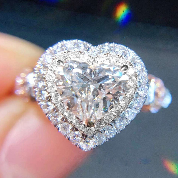 Simple Elegant Heart Shape Zircon Ring, White Gold Plated Copper Finger Ring For Women