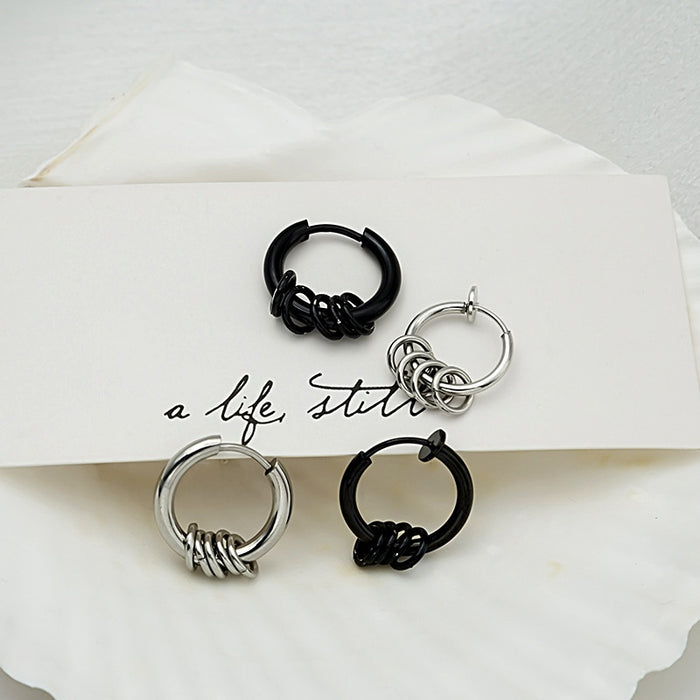 Punk Alloy Hoop Earrings With Layered Metal Ring Charms, Minimalist Hip Hop Single Clip Earrings