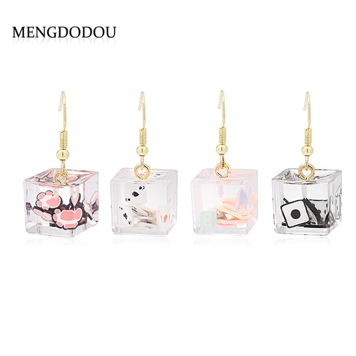 Creative 3D Acrylic Cube Drops With Cartoon Cat Paw Poker Letter Dice Charms For Women Earrings