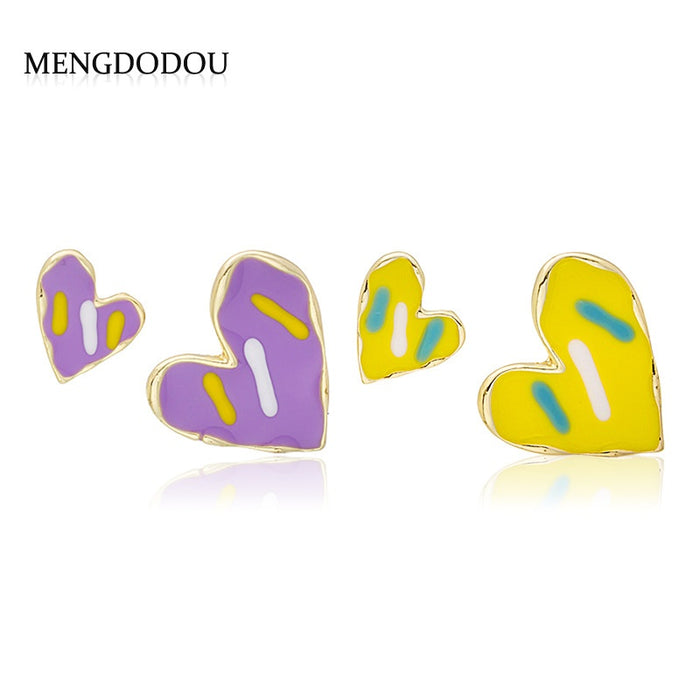 Sweet Asymmetric Heart Shape Color Contrast Enamel Alloy Studs For Women Spring Summer Earrings