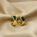 Elegant Gold Alloy Geometric Fashion Hoops With Green Enamel Stones And 925 Silver Posts Earrings view 1