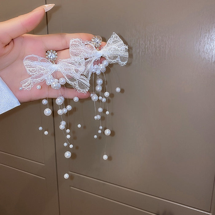 Statement Alloy Pearl Rhinestone Lace Bow Long Drop Earrings With Silver Posts