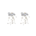 Statement Alloy Pearl Rhinestone Lace Bow Long Drop Earrings With Silver Posts view 5