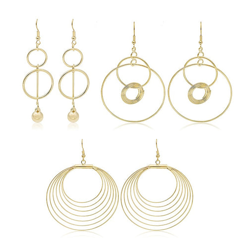 Bohemian Gold Alloy Multi Circle Hoop Drop Earrings Irregular Geometric Statement Dangle Earrings