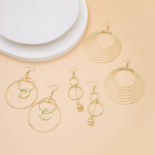 Bohemian Gold Alloy Multi Circle Hoop Drop Earrings Irregular Geometric Statement Dangle Earrings