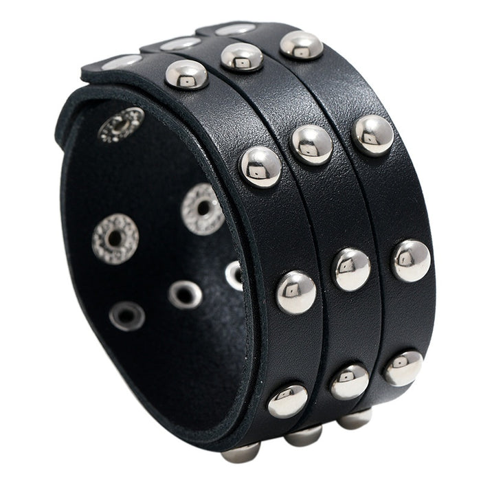 Punk Genuine Leather Bracelet For Men, Three Row Rivet Wide Wristband Anime Accessory