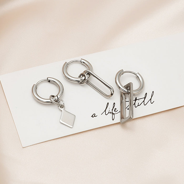 Geometric Stainless Steel Hoop With Diamond Square And Paperclip Drop Pendants Hip Hop Elegant Earrings