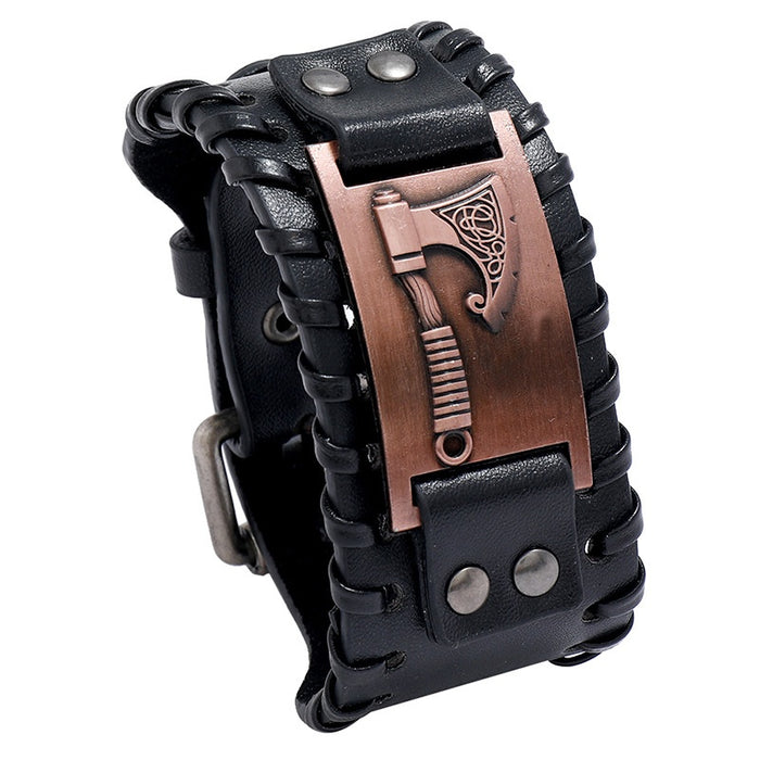 Nordic Viking Axe Leather Bracelet For Men, Braided Pirate Style Statement Wristband Bangle