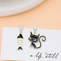 Elegant Korean Style Asymmetric Black Enamel Cat And Fish Bone Zircon Stud Drop Earrings view 3
