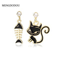 Elegant Korean Style Asymmetric Black Enamel Cat And Fish Bone Zircon Stud Drop Earrings view 1