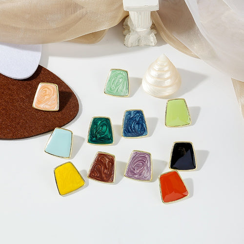 Vintage Colorblock Enamel Geometric Square Stud Earrings Gold Alloy Textured Oil Drip Statement Earrings