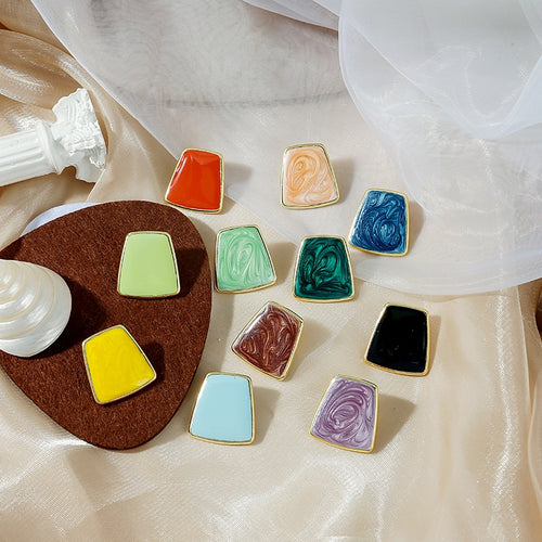 Vintage Colorblock Enamel Geometric Square Stud Earrings Gold Alloy Textured Oil Drip Statement Earrings