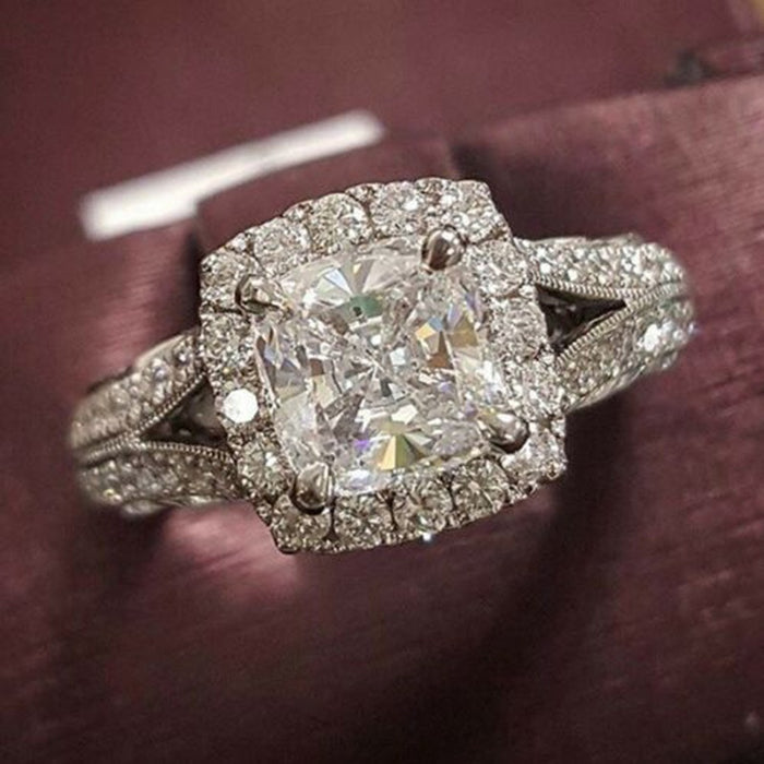 Four Prong Square Zircon Cluster Ring For Women, European Fashion Wedding Proposal Jewelry