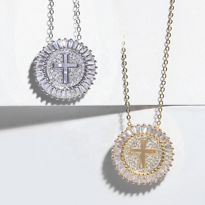 Women's Copper Hollow Round Necklace With Full Zircon Setting Shiny Couple Pendant Jewelry