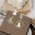 Cute Asymmetric Bunny Moon Star Enamel Alloy Pearl Rhinestone Sweet Girl Stud Drop Earrings view 2