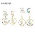 Cute Asymmetric Bunny Moon Star Enamel Alloy Pearl Rhinestone Sweet Girl Stud Drop Earrings view 1