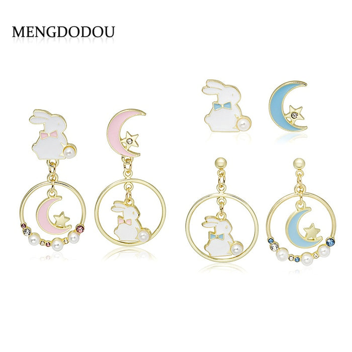 Cute Asymmetric Bunny Moon Star Enamel Alloy Pearl Rhinestone Sweet Girl Stud Drop Earrings