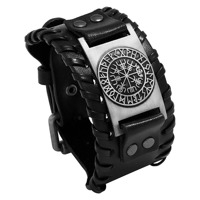 Simple Vintage Nordic Men's Viking Compass Leather Bracelet With Odin Rune Symbols