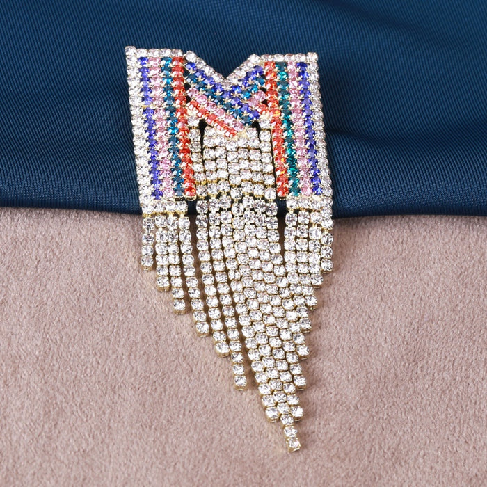 Alloy Rhinestone Rainbow Letter M Tassel Brooch Pin For Statement Wear