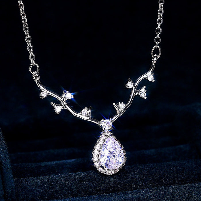 Korean Style Women's Deer Antler Rhinestone Short Clavicle Chain Pendant Necklace