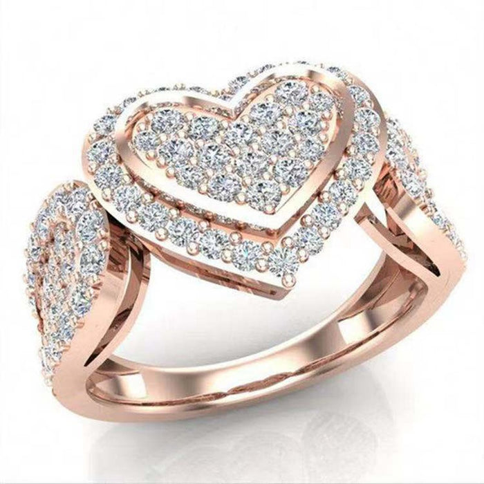 Rose Gold Plated Heart Full Rhinestone Ring, Luxury European American Finger Jewelry For Women