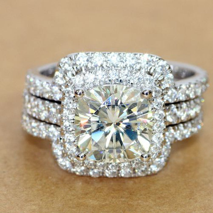 Exquisite Full Zircon Women Ring Set Copper Platinum Plated Three Piece Couple Matching Rings