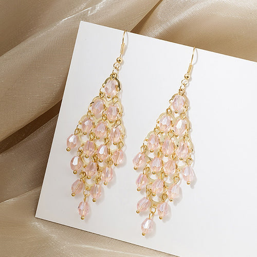 Bohemian Ethnic Long Chandelier Pink Crystal Bead Alloy Gold Tassel Drop Luxury Fashion Earrings