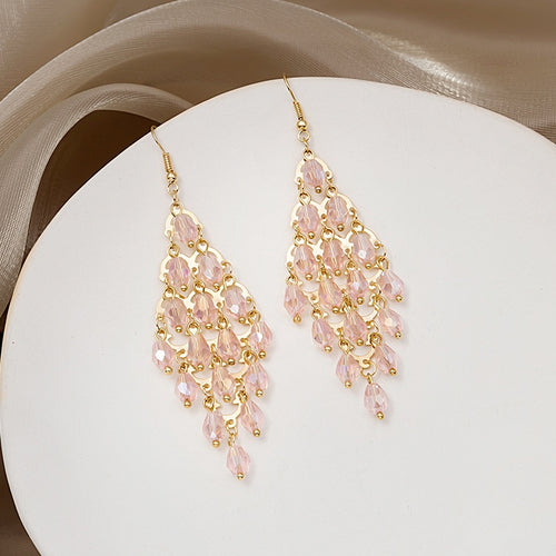 Bohemian Ethnic Long Chandelier Pink Crystal Bead Alloy Gold Tassel Drop Luxury Fashion Earrings